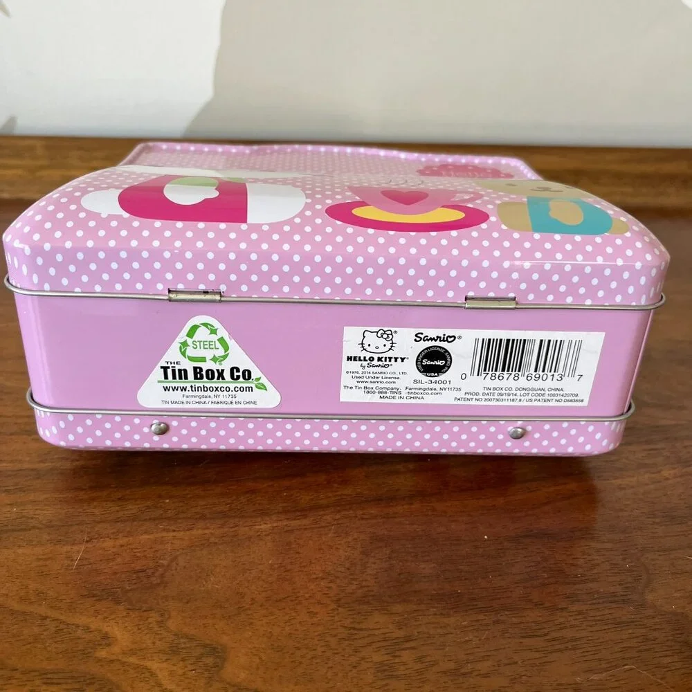 Hello Kitty Pink Tin Purse Storage Box Jeweled Handle 2014 Teddy Bear Tea Sanrio
